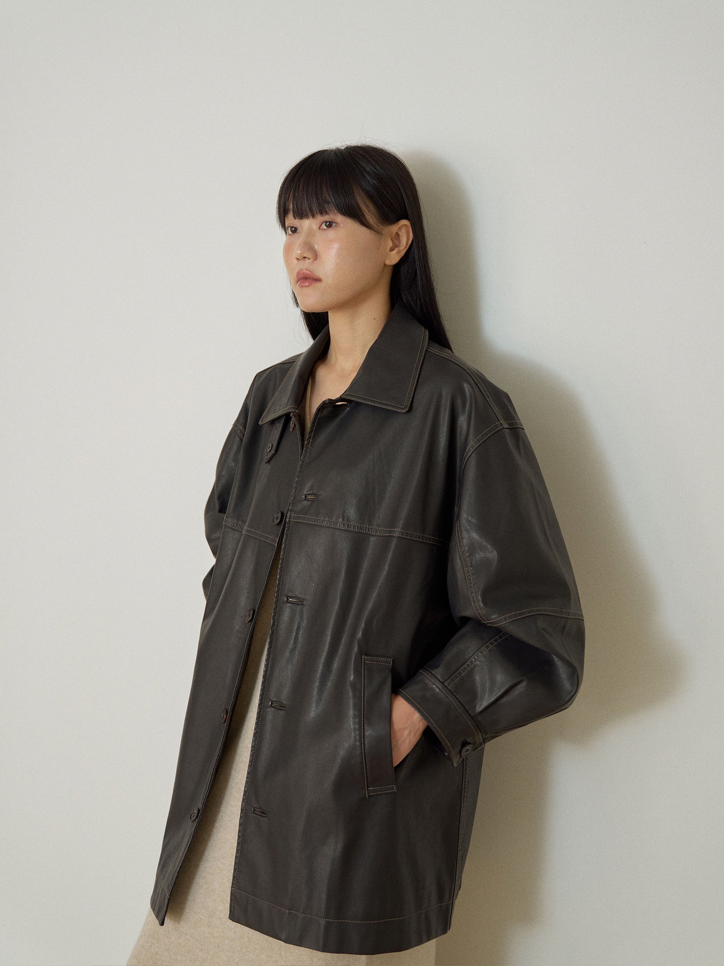 Standard Leather Half Coat – Brown