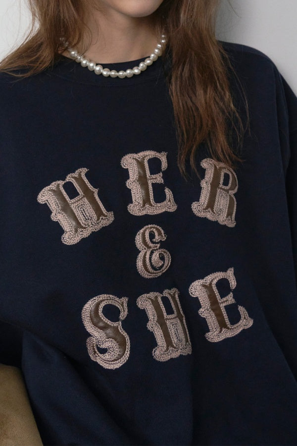 【HER&SHE 2025AW】Leather Mix Embroidered Sweatshirt