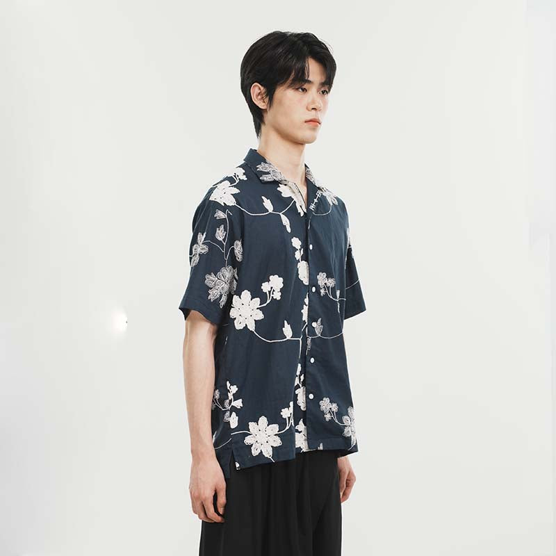 UNBALANCE FLOWER HALF SHIRT_NAVY