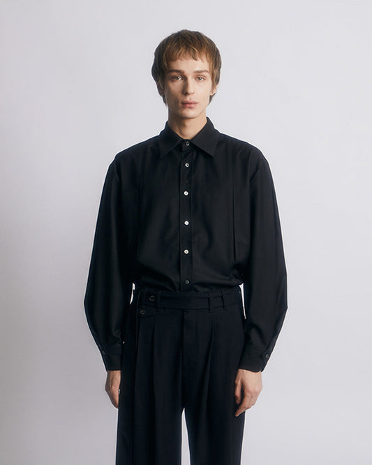 WOOL BLEND INVERTED PLEAT TAILORED SHIRTS-BLACK