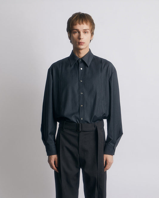 WOOL BLEND INVERTED PLEAT TAILORED SHIRTS -CHARCOAL