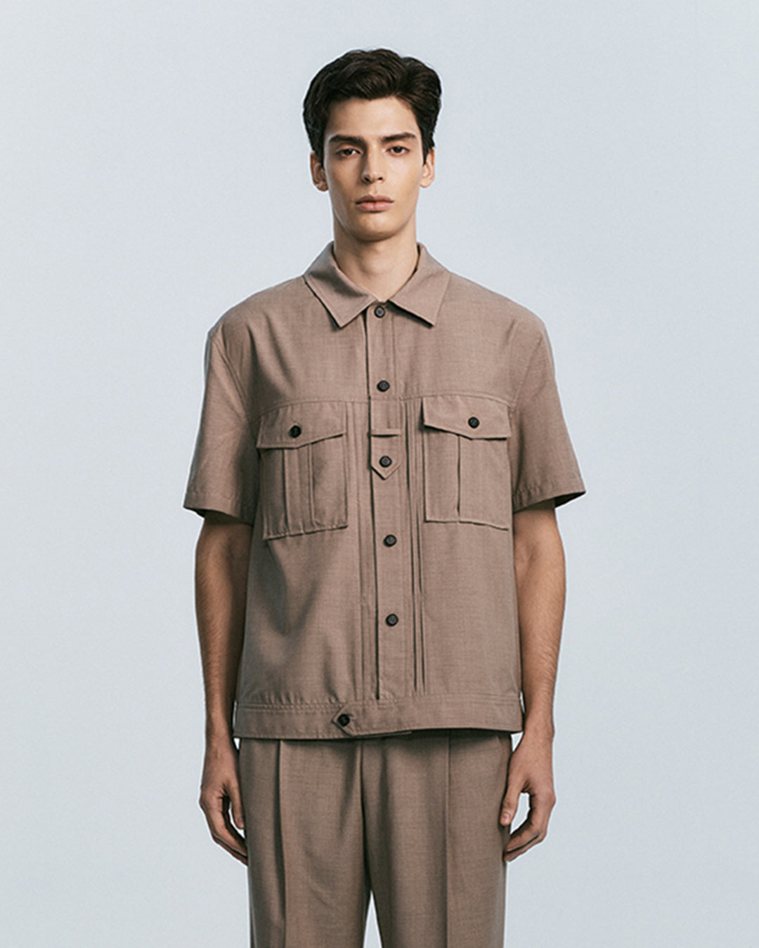 UTILITY PIN-TUCK HALF SLEEVE SHIRTS  BROWN