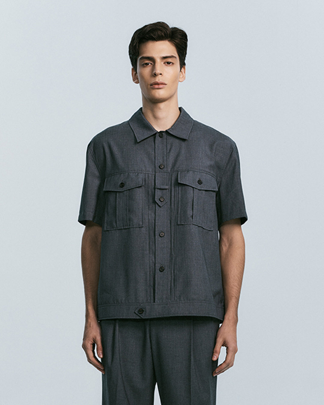 UTILITY PIN-TUCK HALF SLEEVE SHIRTS  -GREY