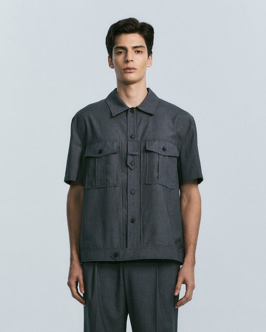 UTILITY PIN-TUCK HALF SLEEVE SHIRTS  -GREY