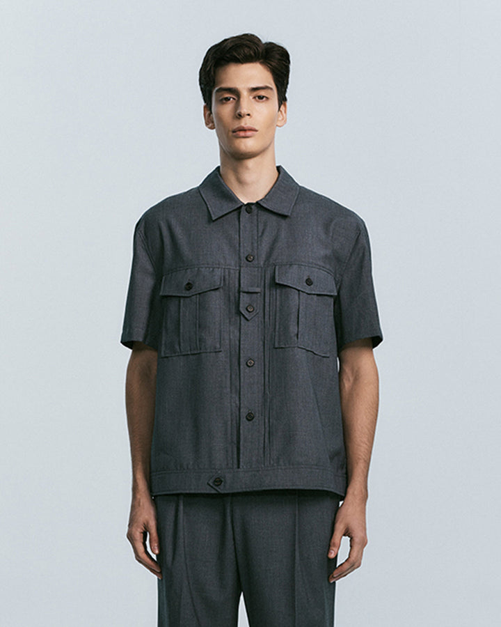 UTILITY PIN-TUCK HALF SLEEVE SHIRTS  -GREY