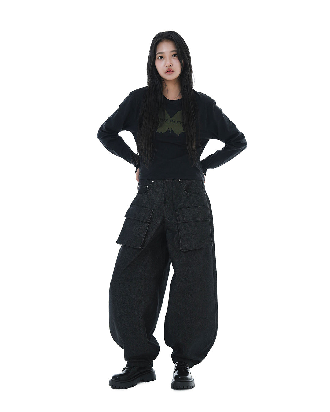 Balloon Pocket Non-fade Denim Pants_Black