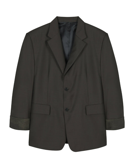 Leather Reveal Sleeve Wool Blazer_Khaki Brown