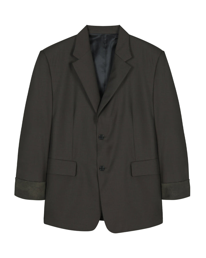 Leather Reveal Sleeve Wool Blazer_Khaki Brown