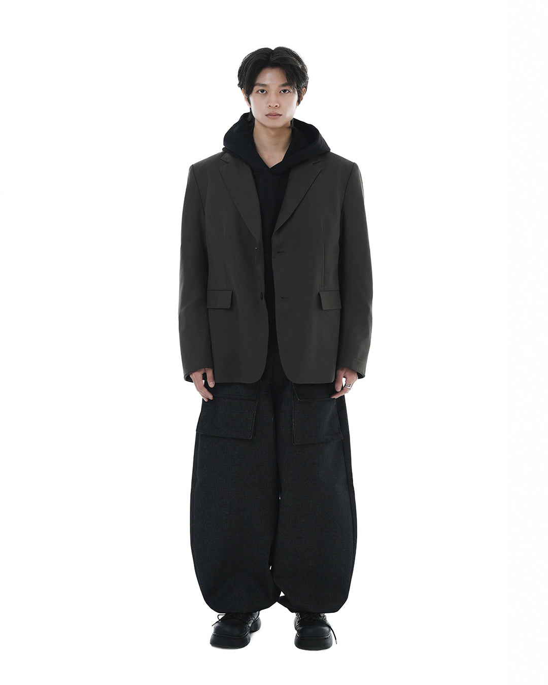 Leather Reveal Sleeve Wool Blazer_Khaki Brown