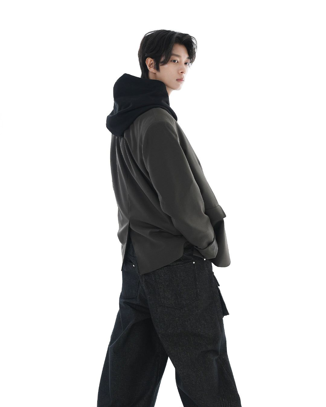 Leather Reveal Sleeve Wool Blazer_Khaki Brown