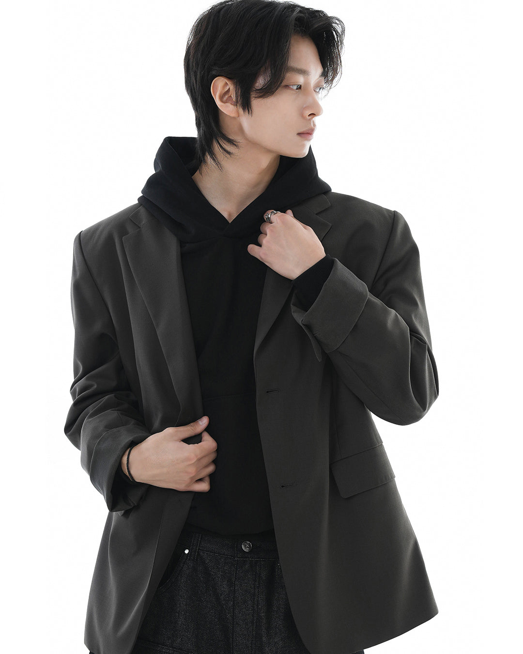 Leather Reveal Sleeve Wool Blazer_Khaki Brown