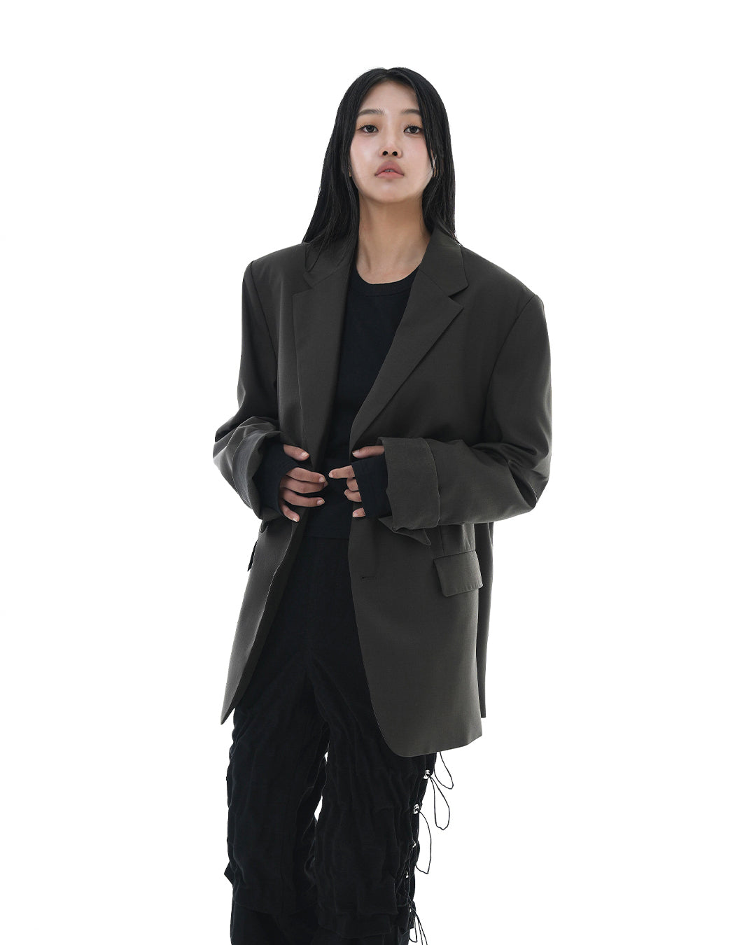 Leather Reveal Sleeve Wool Blazer_Khaki Brown