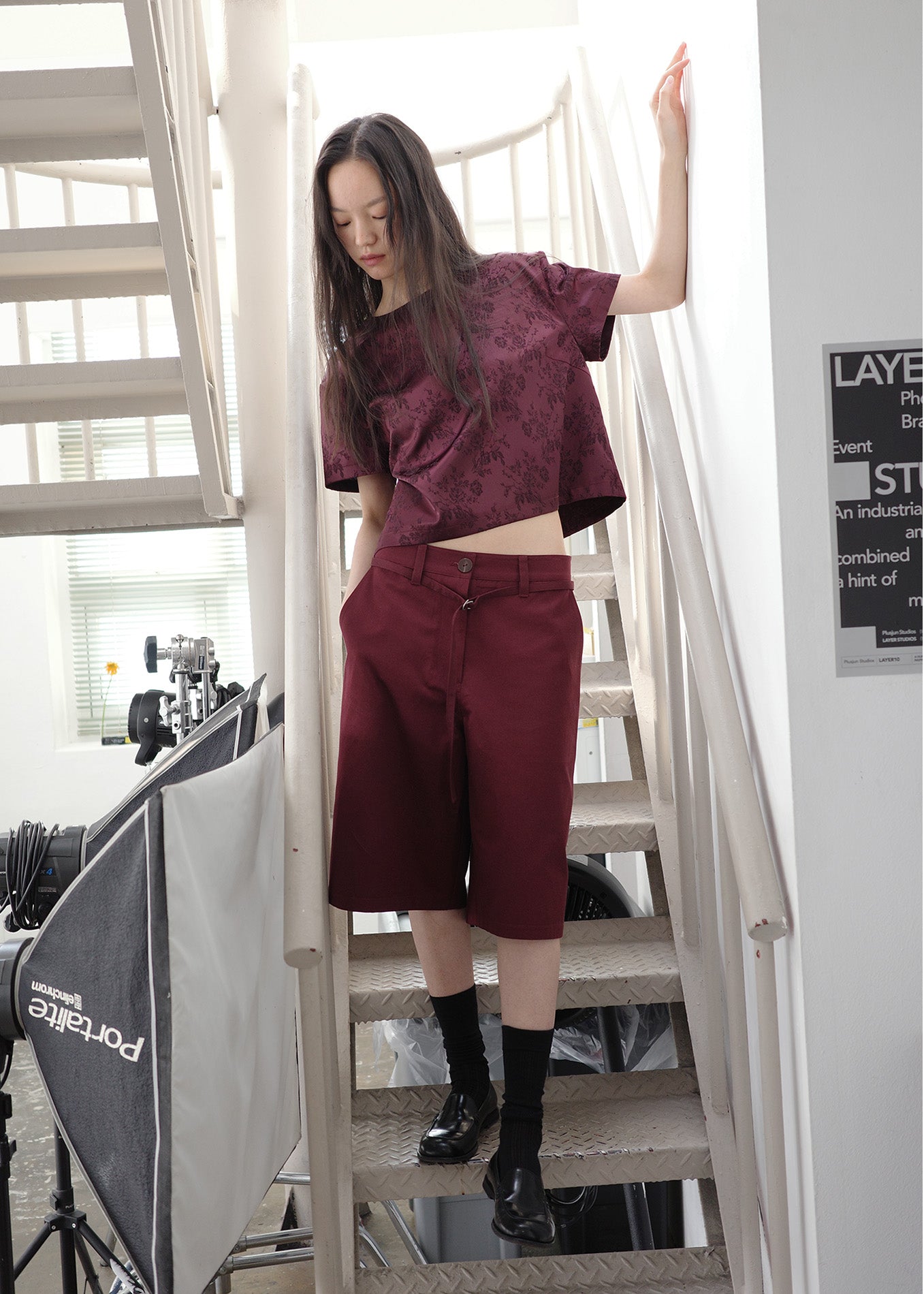 LINE BELT HALF PANTS -BURGUNDY