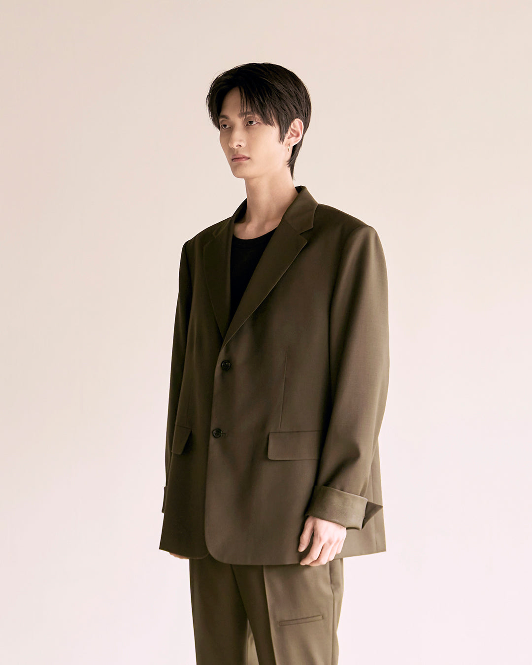 Leather Reveal Sleeve Wool Blazer_Khaki Brown