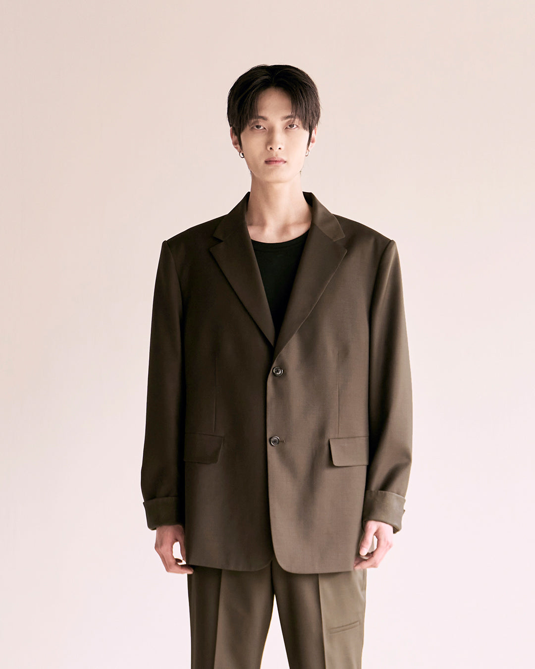 Leather Reveal Sleeve Wool Blazer_Khaki Brown
