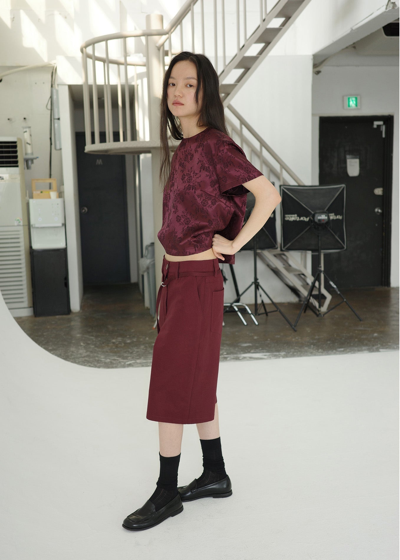 LINE BELT HALF PANTS -BURGUNDY