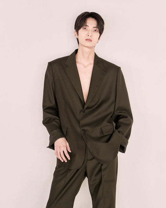 Leather Reveal Sleeve Wool Blazer_Khaki Brown