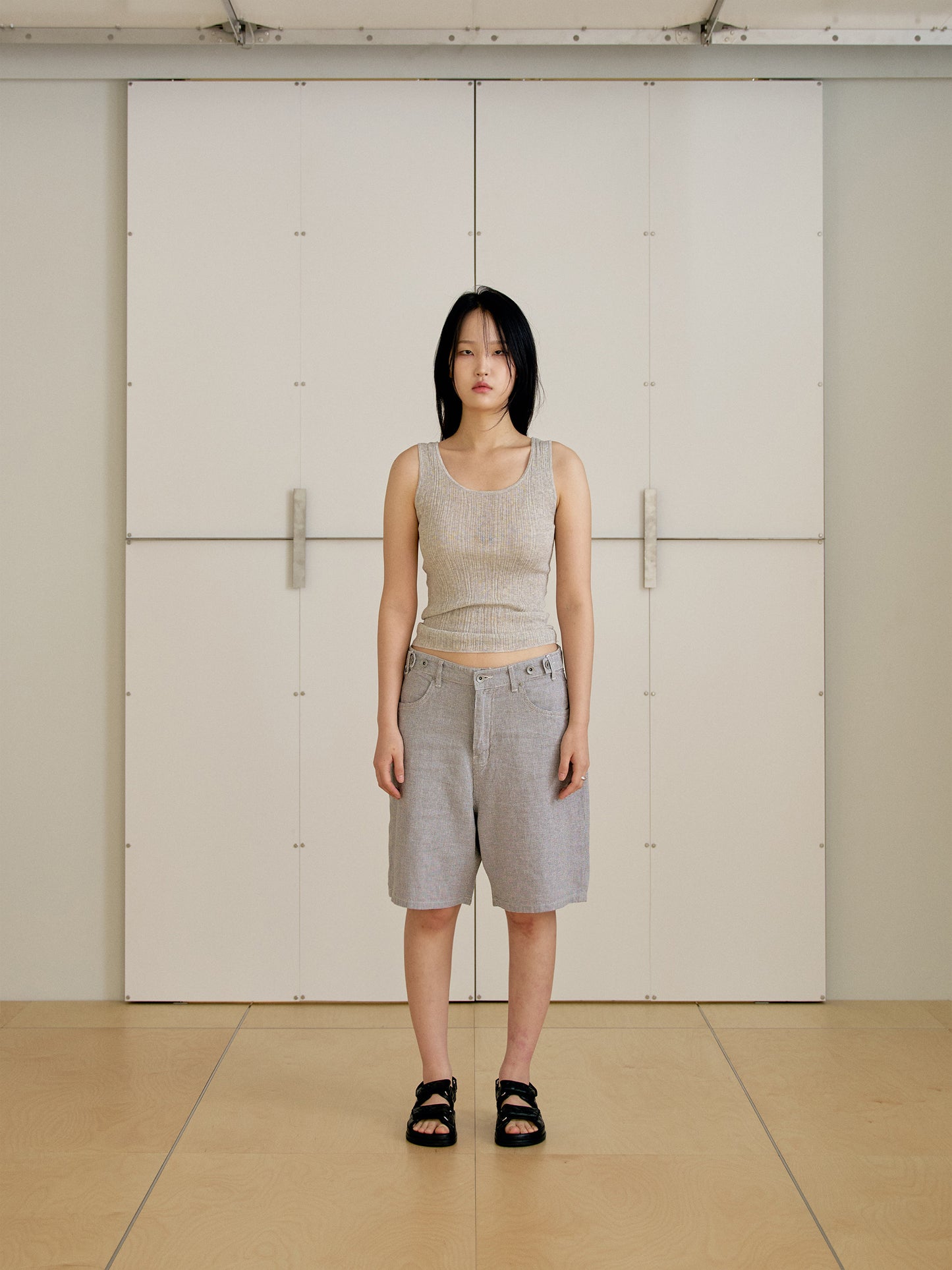 Linen Check Half Pants - Gray