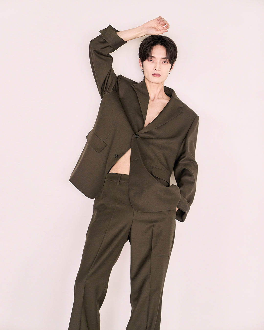 Leather Reveal Sleeve Wool Blazer_Khaki Brown