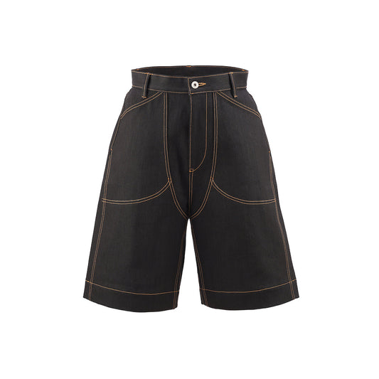 LOT.06 DOUBLE KNEE DENIM SHORTS -BLACK