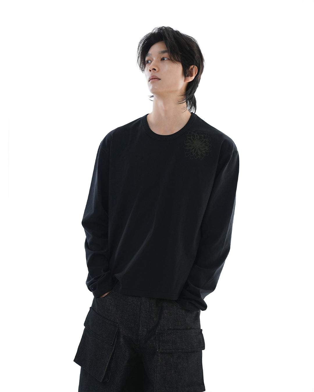 Distorted Flower Crop Long Sleeve_Black