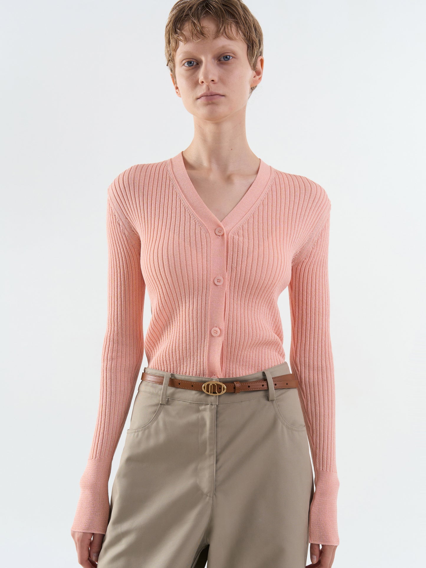 Rib V-Neck Cardigan - Pink