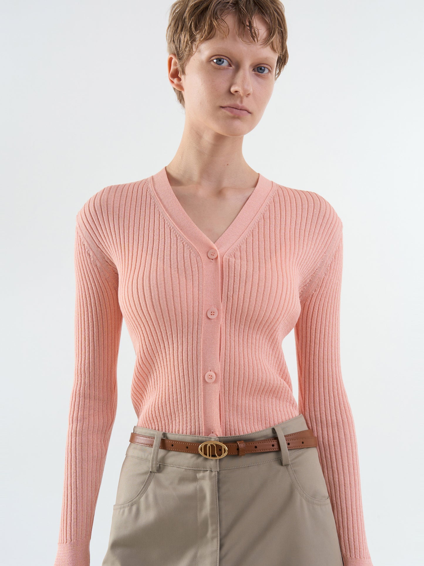 Rib V-Neck Cardigan - Pink