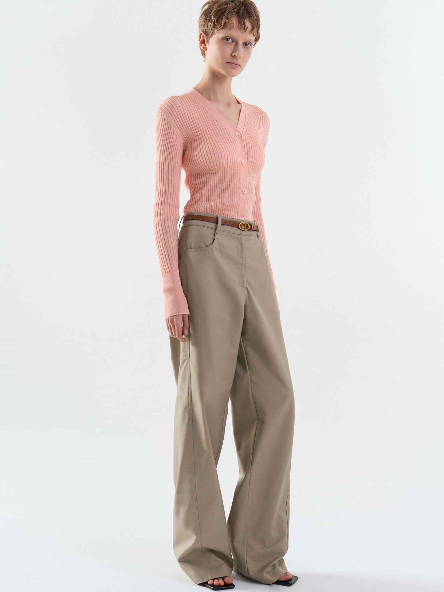 Rib V-Neck Cardigan - Pink