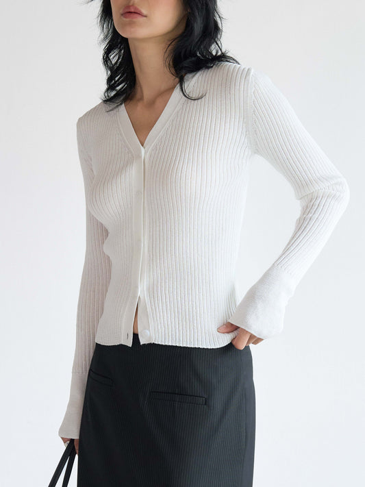 【MAGJAY】Rib V-Neck Cardigan-Ivory