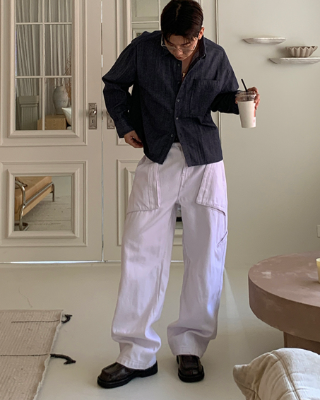 Flap Pocket Wide Pants - BLACK / WHITE