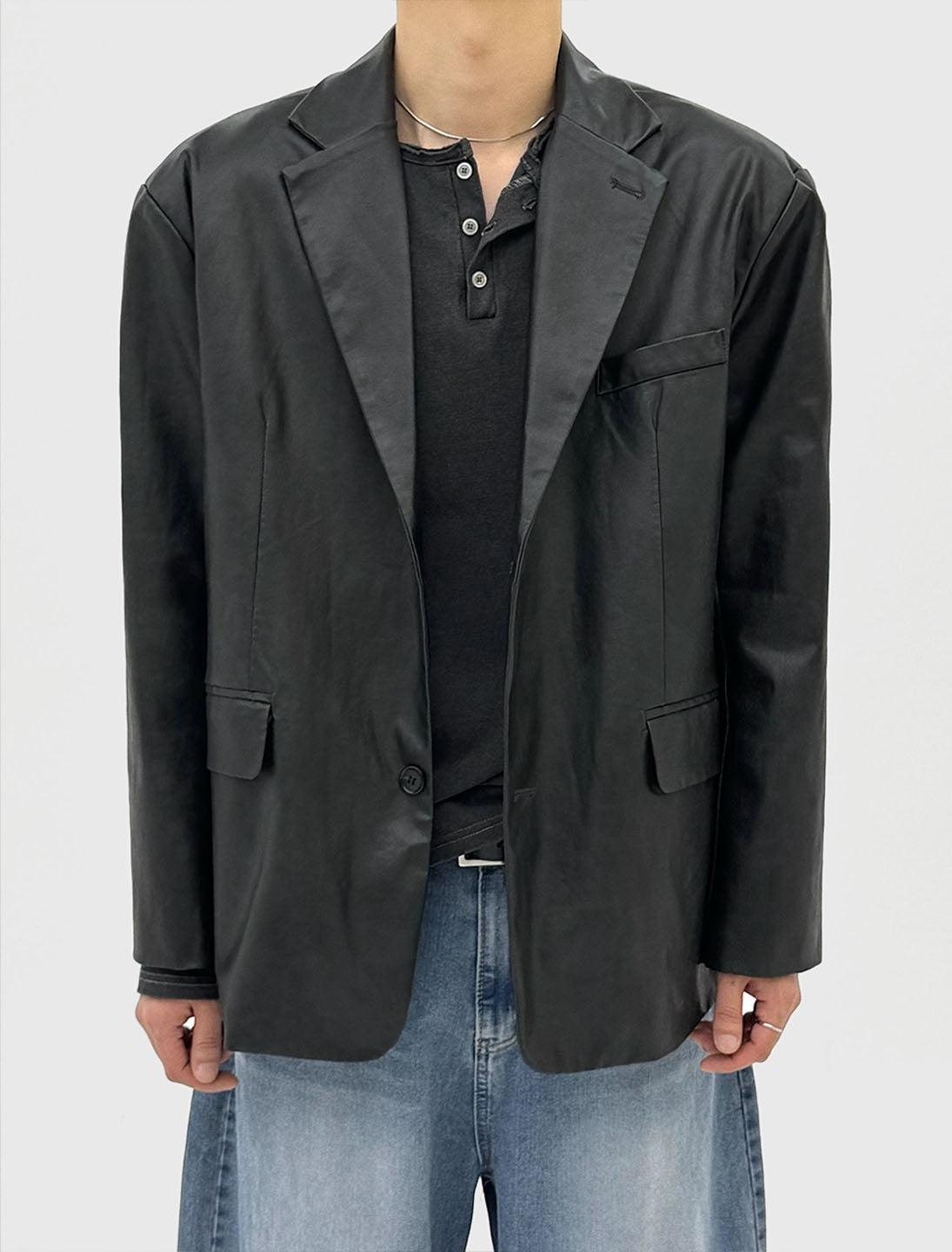 Vegan Leather Tailored Jacket - BLACK