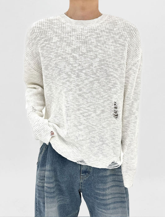 Distressed Loose Knit Sweater - WHITE / LIGHT SKY BLUE / KHAKI / BLACK