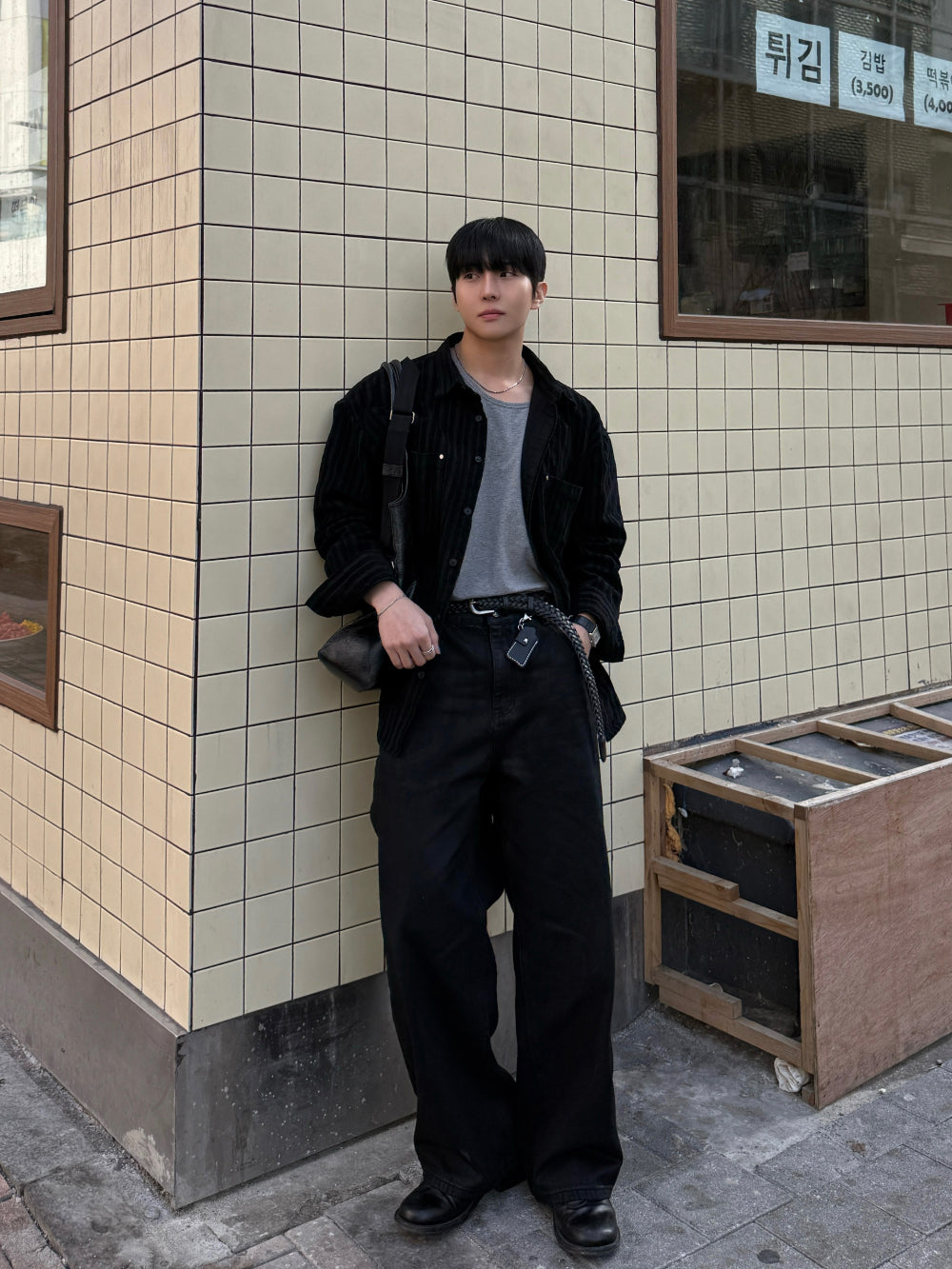 Wide Fit Waxed Denim Pants - BLACK