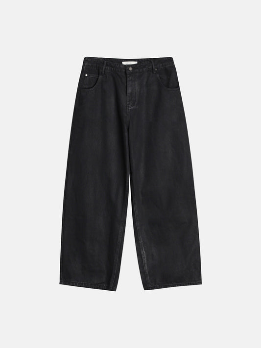 Wide Fit Waxed Denim Pants - BLACK