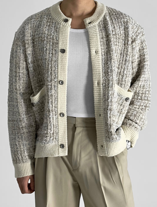 Tweed-Texture Bomber Cardigan
