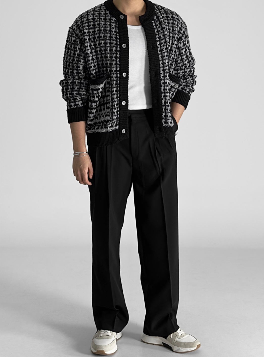 Tweed-Texture Bomber Cardigan