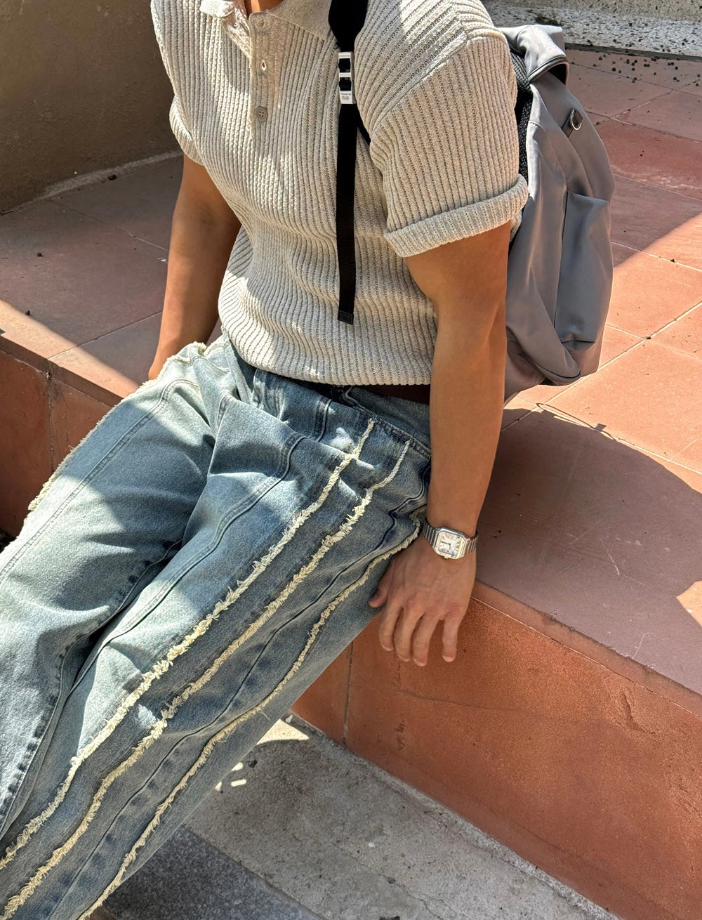 Frayed Twin-Line Wide Denim