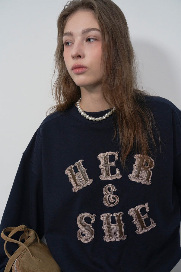 【HER&SHE 2025AW】Leather Mix Embroidered Sweatshirt