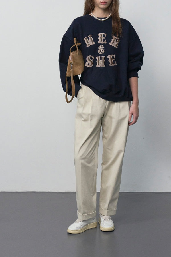 【HER&SHE 2025AW】Leather Mix Embroidered Sweatshirt