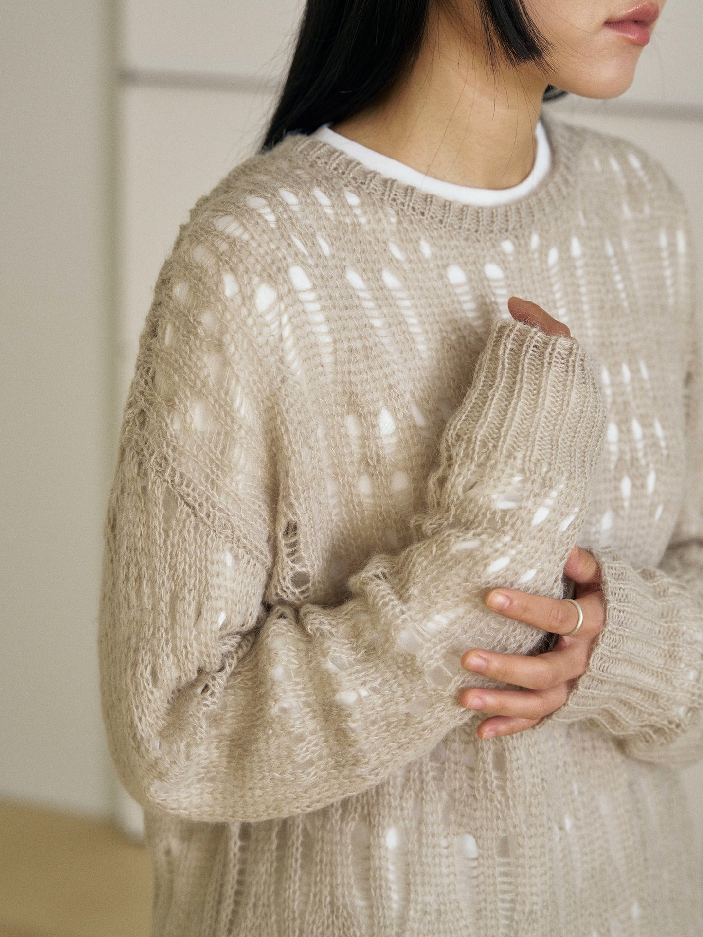 Mohair Punching Pullover-Ivory