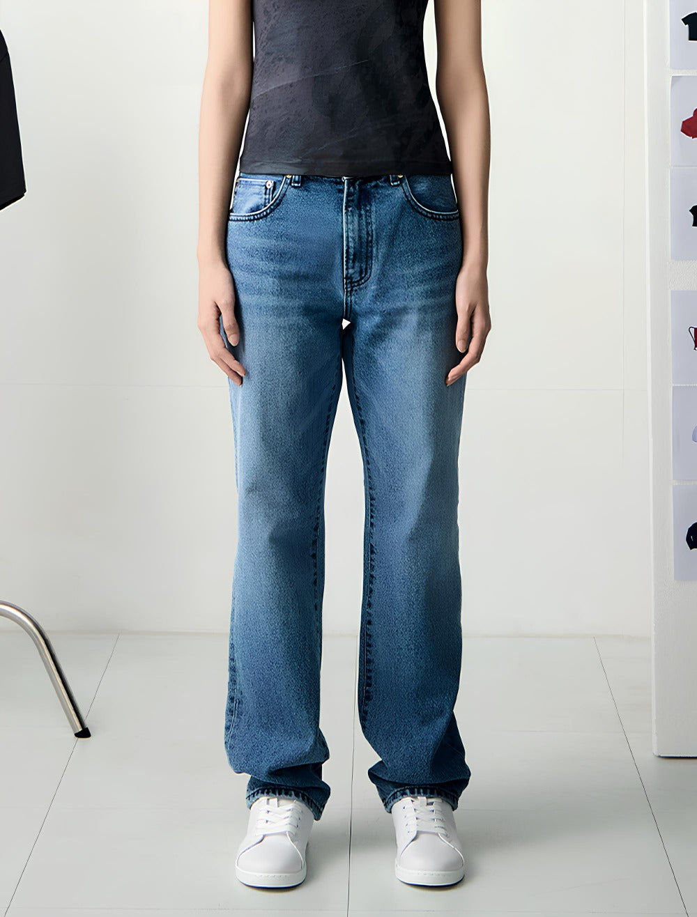 NYLON POCKET COTTON DENIM PANTS -BLUE