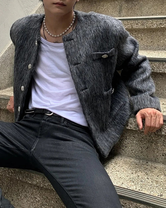 Shaggy Jewel-Button Cardigan Jacket