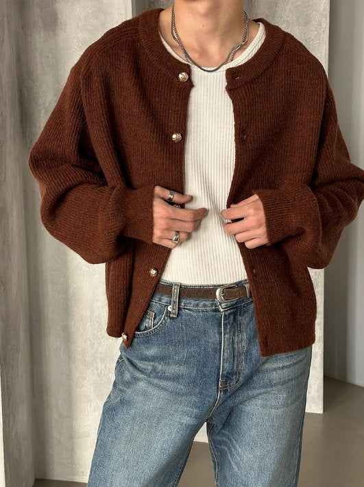Metal Button Round-Neck Cardigan