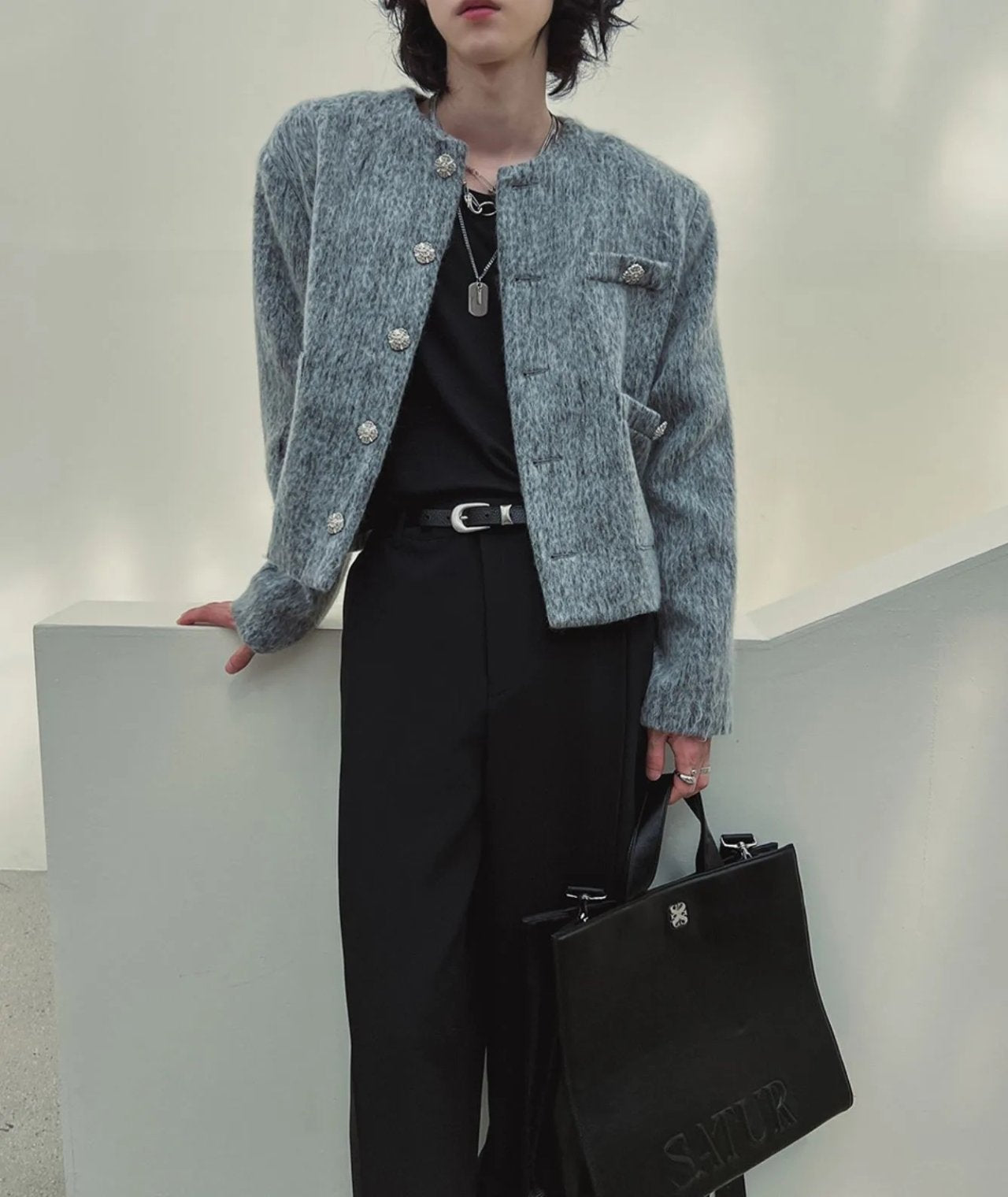 Shaggy Jewel-Button Cardigan Jacket