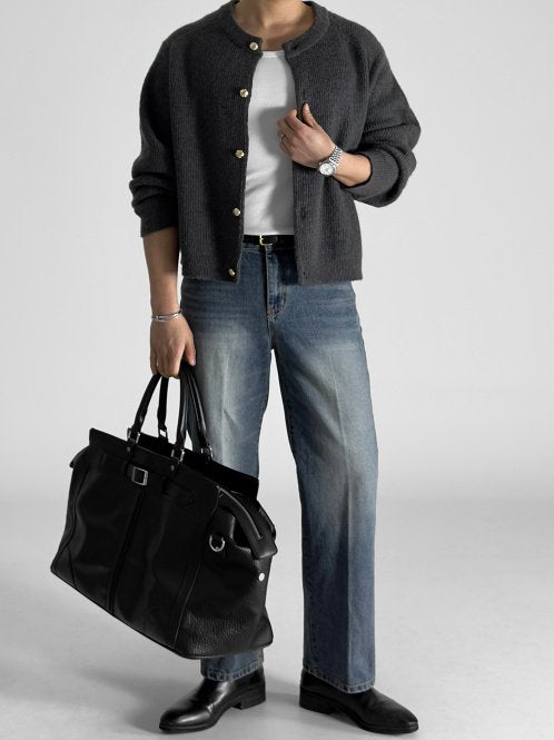 Metal Button Round-Neck Cardigan