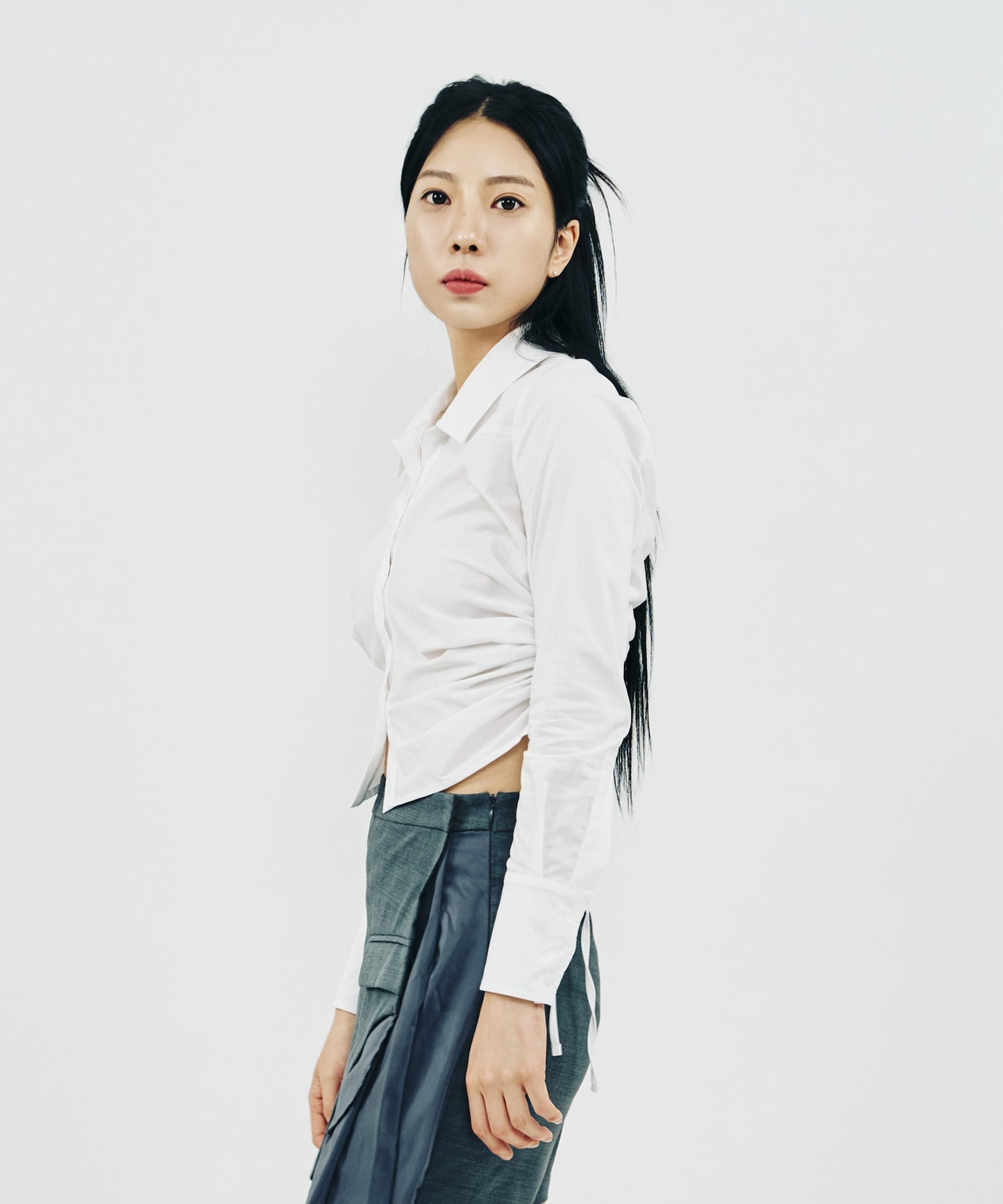 SHIRRING LONG SLEEVE SHIRT_WHITE