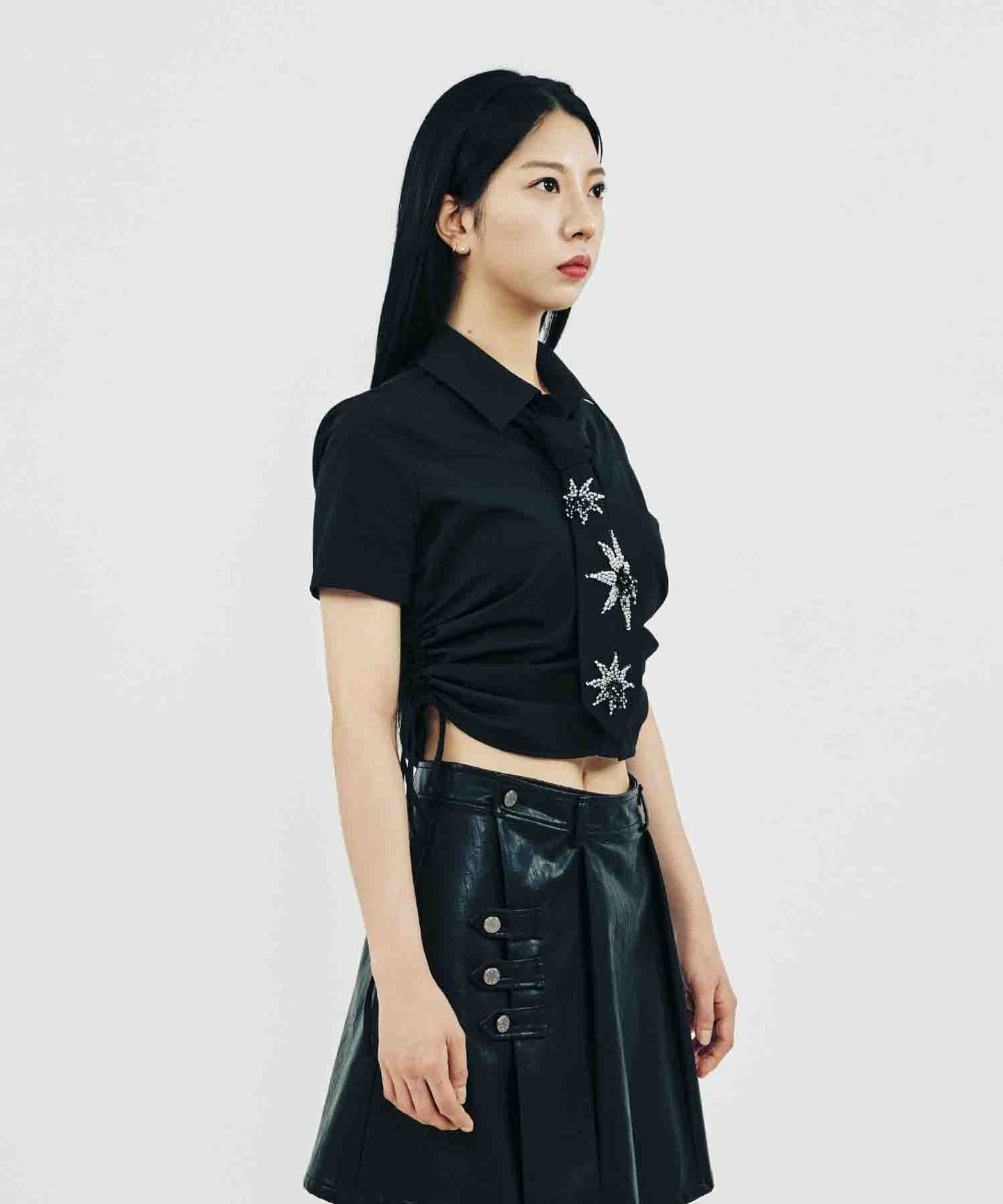 SHIRRING HALF SLEEVE SHIRT_BLACK