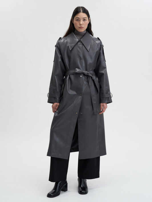 【MAGJAY 2025AW】Mod Leather Trench Coat - Gray
